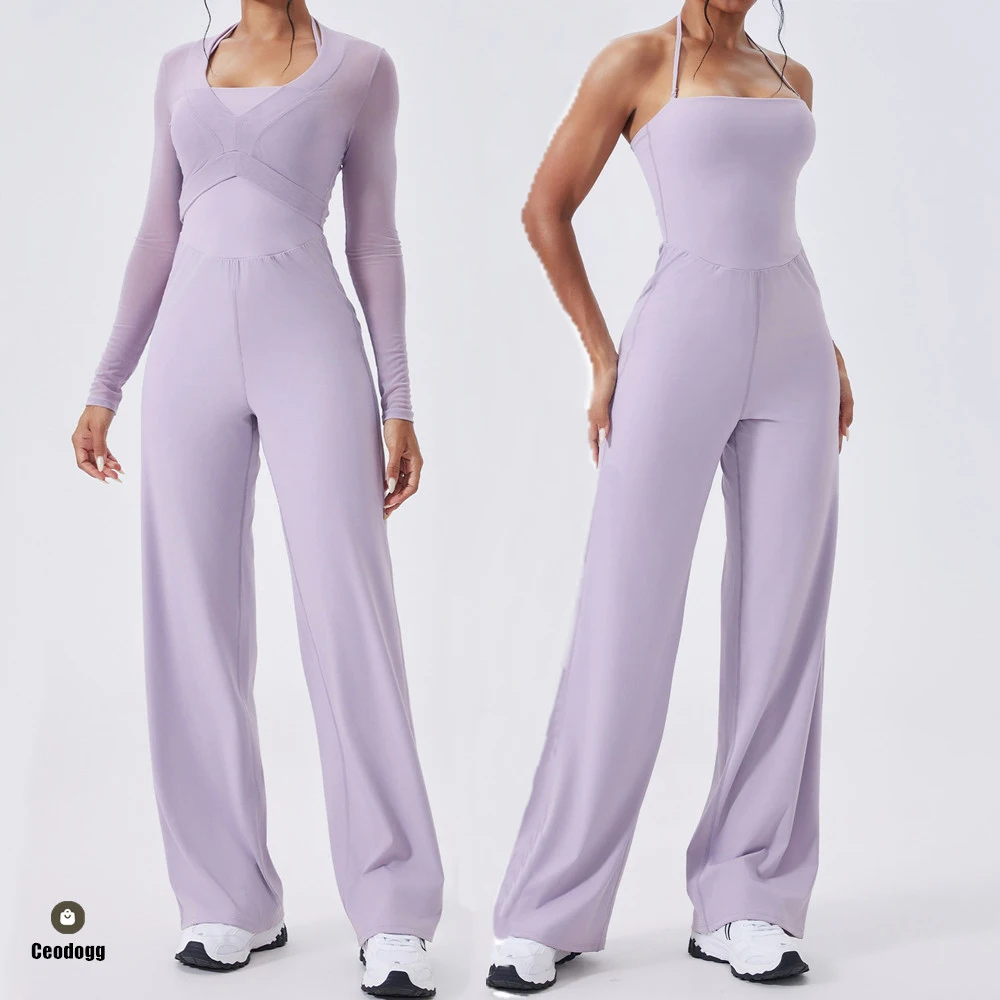 

Foldable Gym Yoga Set Women Training Sportswear Mesh Shirt Fitness Jumpsuit Rompers Workout Pant Bodysuits Dance ActiveWear XP21