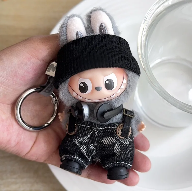 

For 10cm Labubu Doll Fashion Black Overalls Clothes Set Trendy Labubu Clothing Doll 4.0 Diy Design Plush Toys Accessories Gift