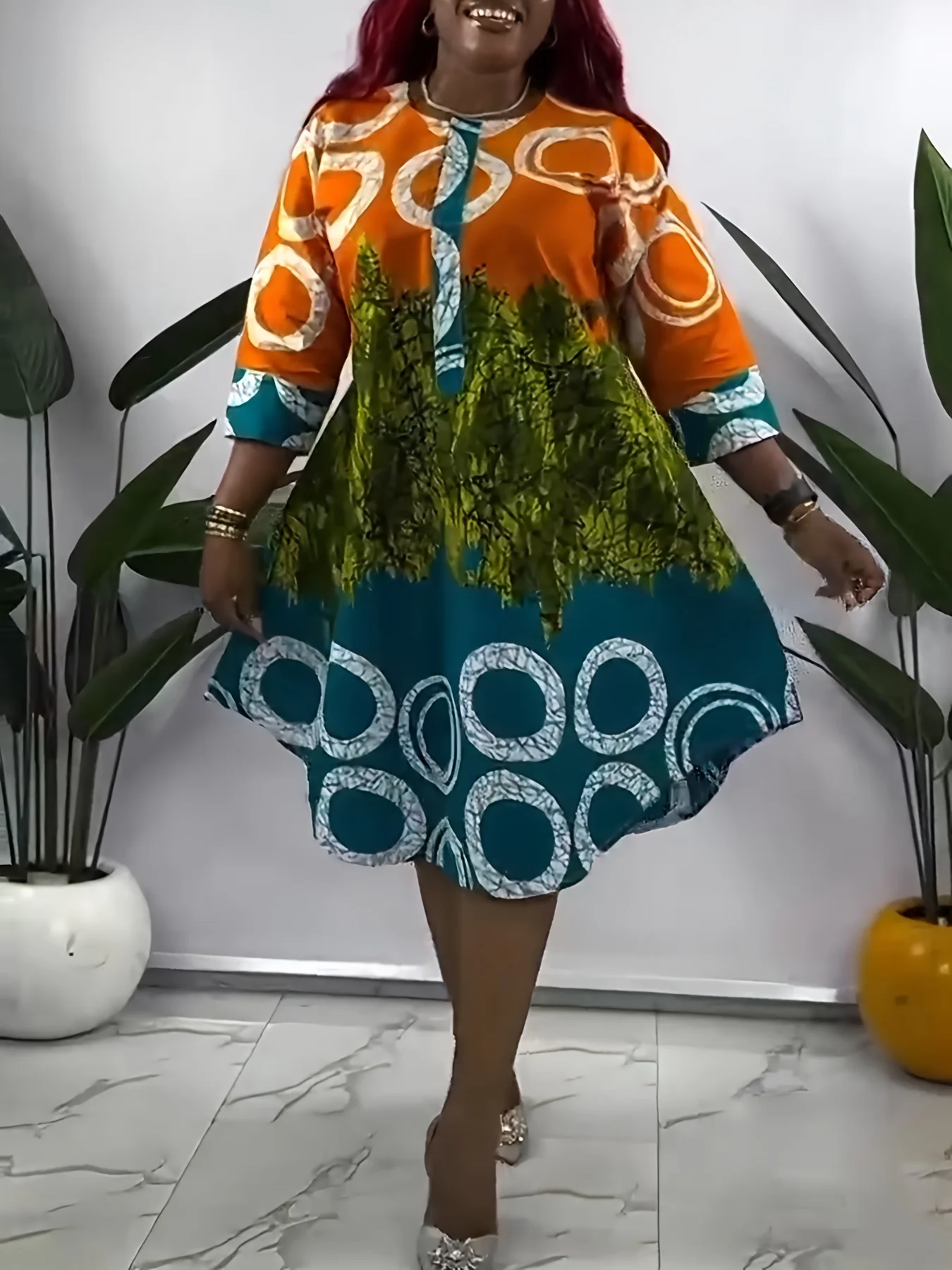 

Платье больших размеров в американском стиле с рукавами три четверти и детализацией на 3D пуговицах — тканая ткань | Удобная, свободная юбка H-образной формы -