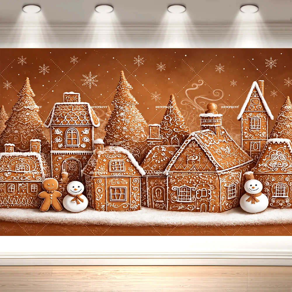 Gingerbread Christmas Backdrop Cookie Houses Icing Snowflakes Gingerbread Man Snowmen Winter Holiday Photo Background Decor