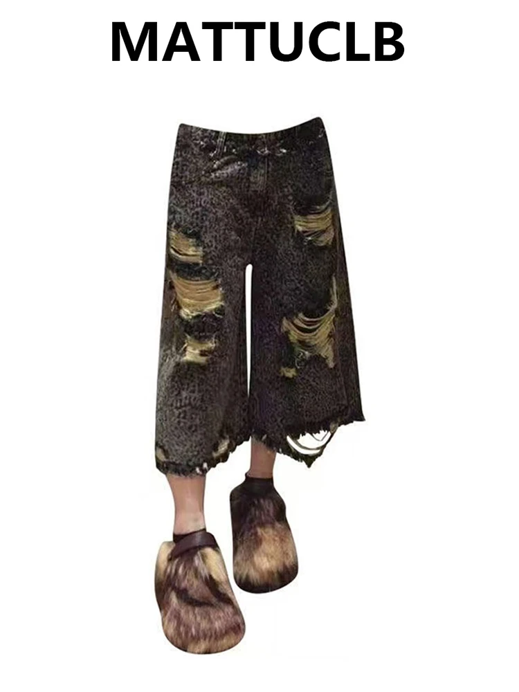 Summmr Women Punk Grunge Goblin Core Jorts Hole Jeans Shorts Calf-Length Abi Y2K Japanese Harajuku Ripped Denim Capris Pants New