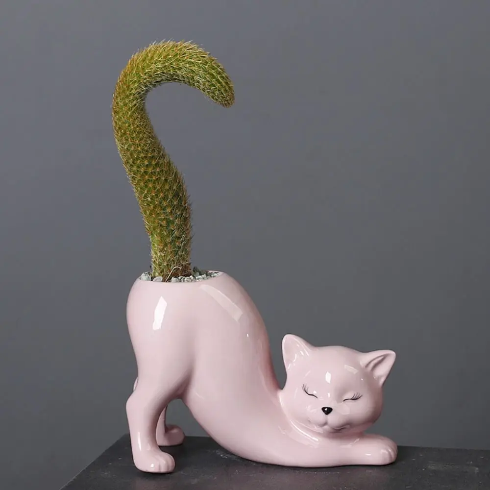 Ceramic Cat Tail Column Flower Pot Creative Cartoon Succulent Flowerpot Cute Handicraft Animal Figurines Sculpture