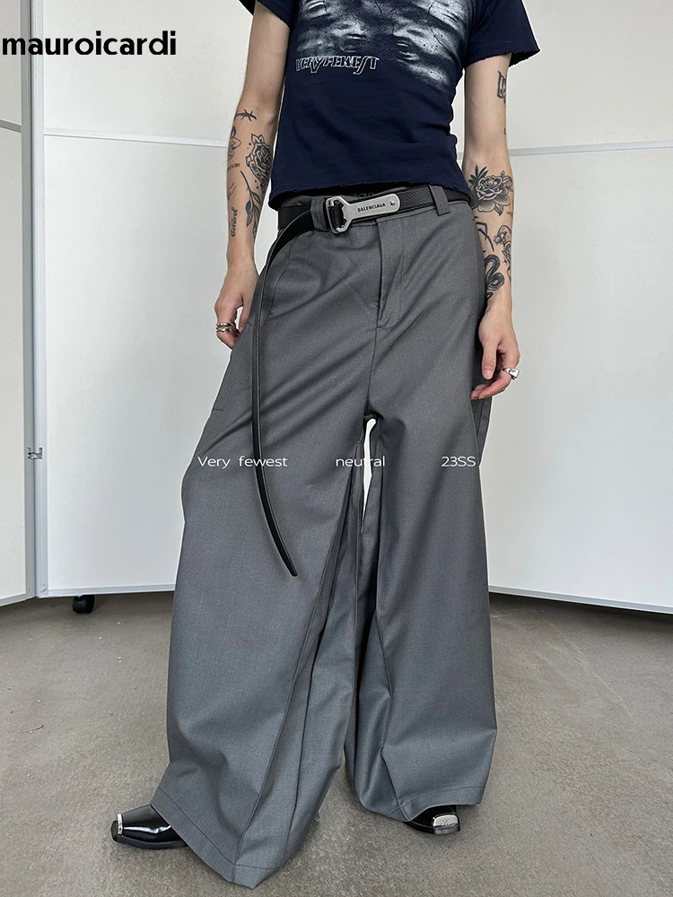 Mauroicardi Autumn Black Flowy Baggy Wide Leg Pants for Mens Streetwear Men Clothing Fashion Loose Casual Soft Gray Trousers