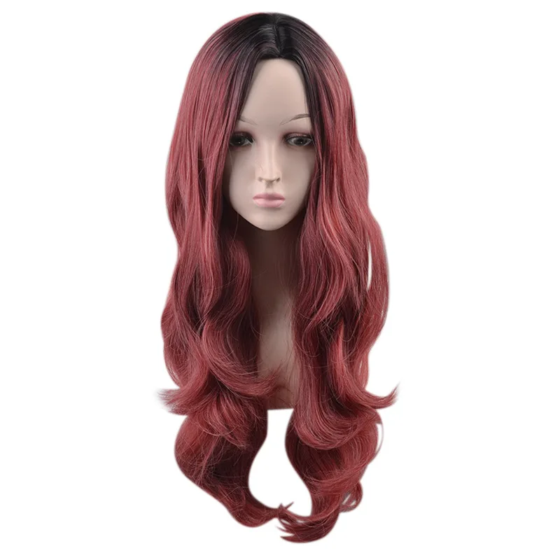 Peruca de onda grande europeia e americana para mulheres, cabelo longo encaracolado, boné de peruca de fibra sintética gradiente de duas cores.