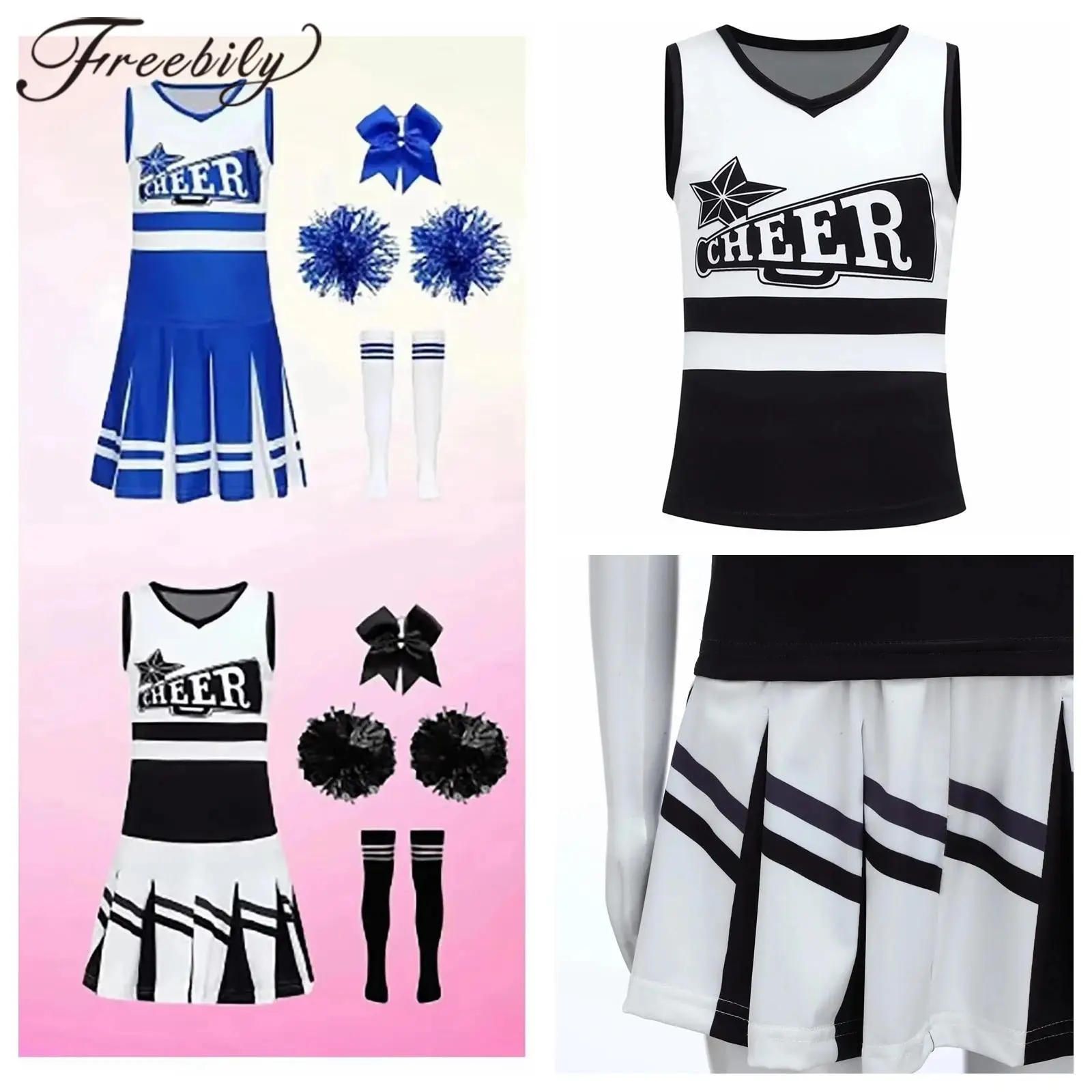 Girls Cosplay Cheer Leader Costume Kids School Girls Cheer Dance Costumes Cheering Cheerleading Uniform Outfit Top Pleated Skirt
