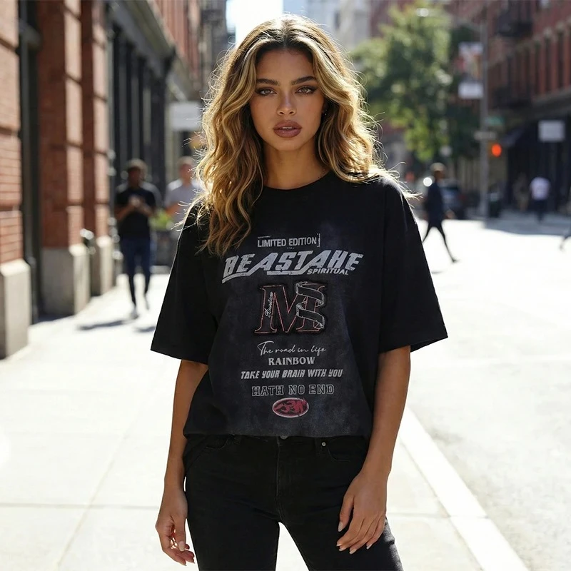 

230g Heavyweight 100% Cotton T-shirt Vintage Faded Oversized Streetwear Tee Embroidery Applique Graphic Top Black Burgundy XXL