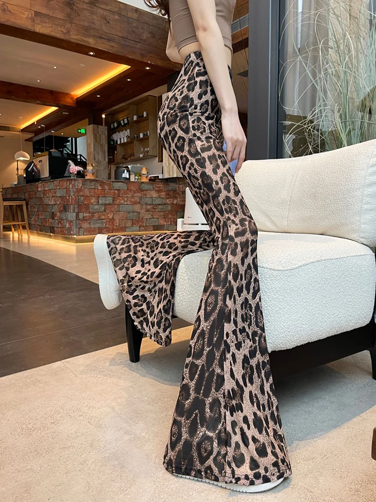 

Sexy Wild Leopard Print Women Out Door Flare Pants High Waist Stretchy Y2K Retro Fashion Leisure Holiday Street Bottom