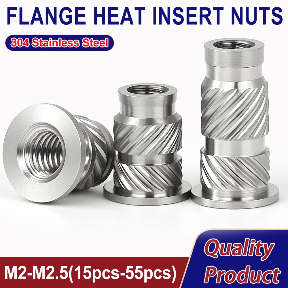 M2 M2.5 Stainless Steel Flange Heat Insert Nuts Threaded Inserts Nut Hot Melt Heat Knurled Embed Injection for 3D Print Plastic