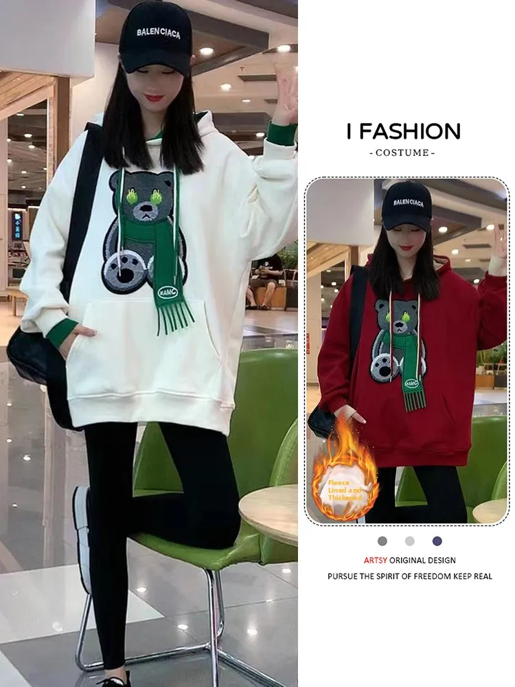 여성용 기모 안감 만화 후드티 캐주얼 다용도 아우터 봄 가을 겨울 루즈핏 롱슬리브 스웨트셔츠