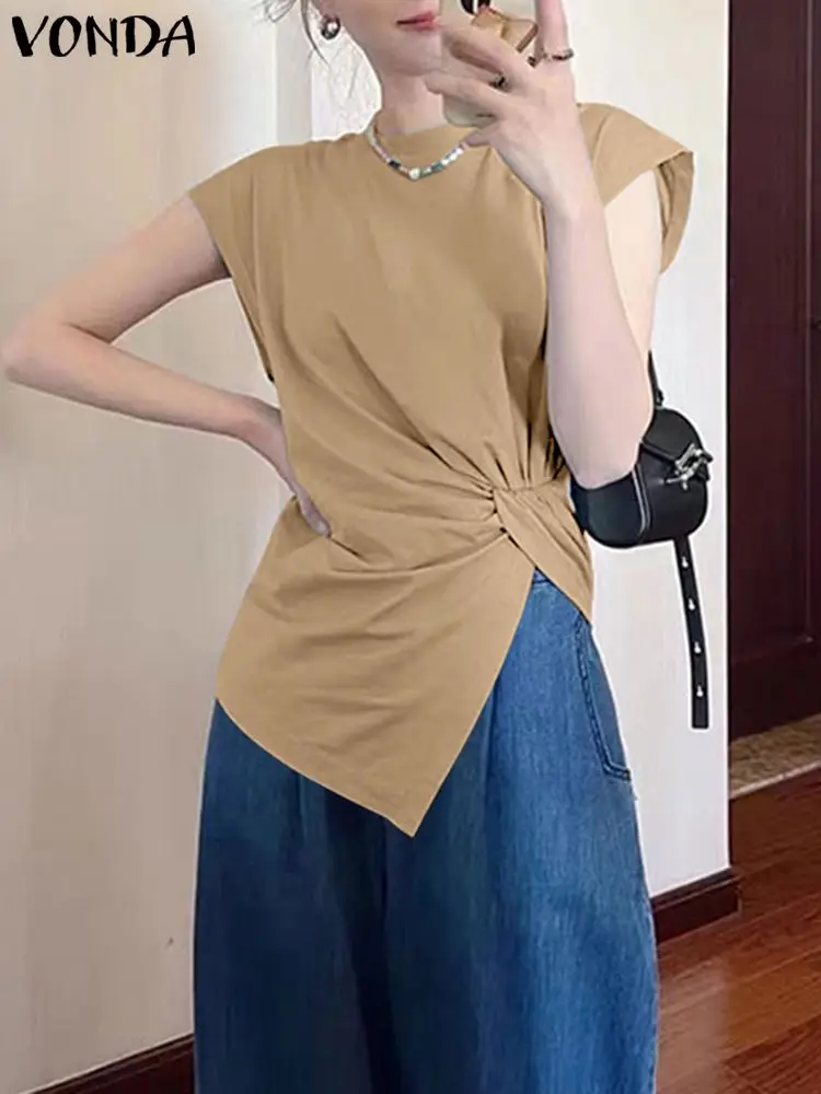 VONDA Elegant Women OL Blouses Short Sleeve Irregular Hem Twist Fashion Shirts 2024 Summer O-Neck Casual Solid Color Party Tops