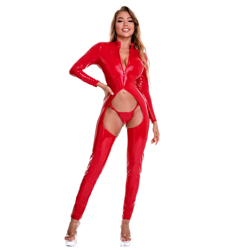 

Erotic Sexy Hollow Out Faux Leather Bodysuit Women Crotchless Zipper Catsuit Reast Exposing Open Crotch Latex Bodysuit Clubwear