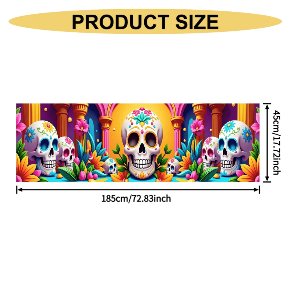 1pc Halloween Table Runner, Colorful Sugar Skull With Flowers And Butterflies Pattern, Durable Polyester Rectangular Decor