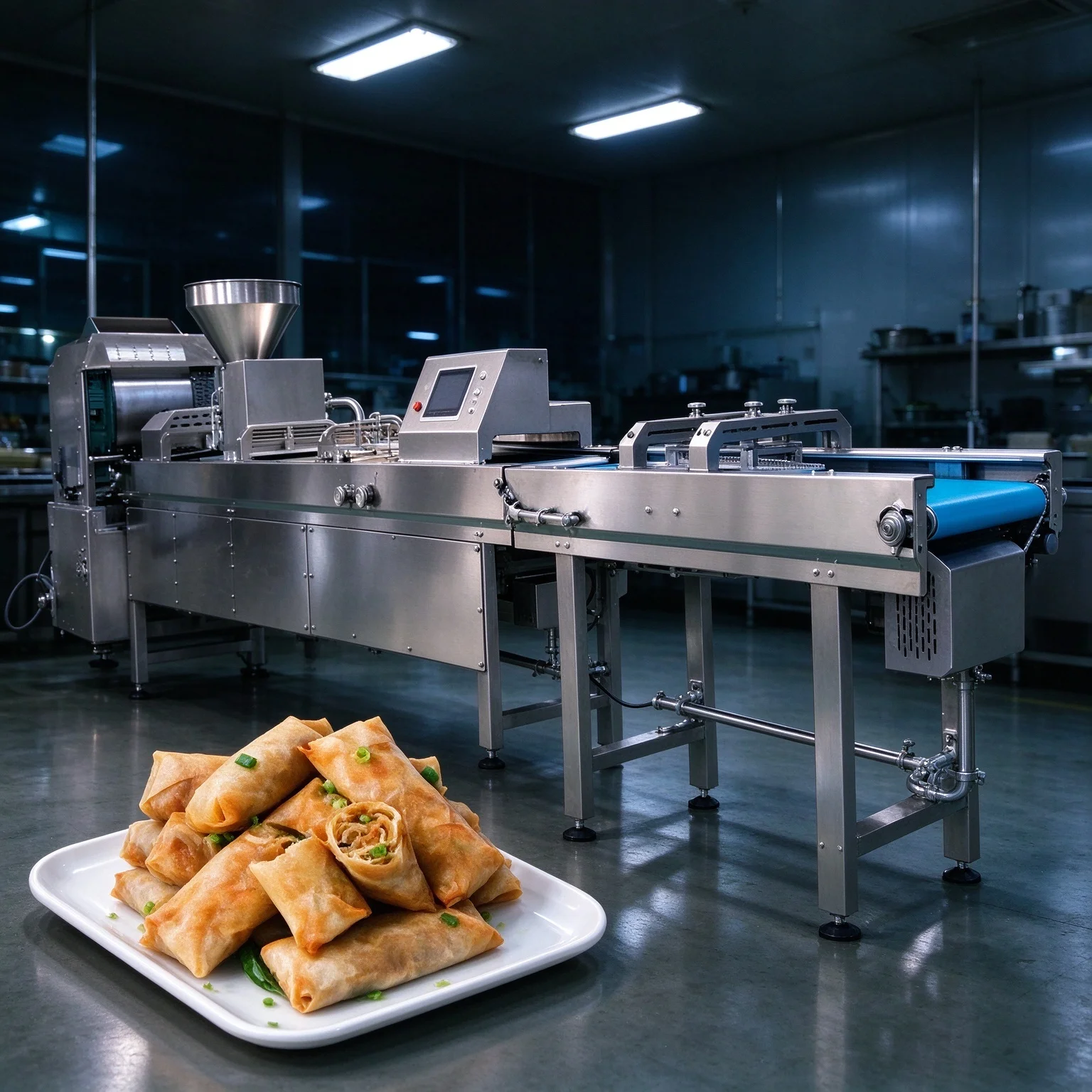 Food Grade Spring Roll Production Machine, Independent Flour Spraying Structure, Custom Processing Line Custom