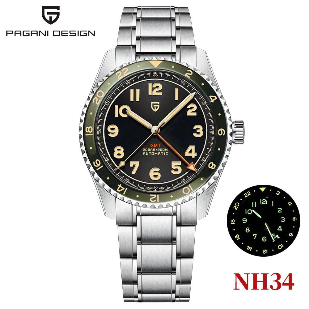 2024 New PAGANI DESIGN NH34 GMT Men\'s Automatic Mechanical Watch Stainless Steel Sapphire 20Bar BWG-9 Pilot\'s Watch reloj hombre
