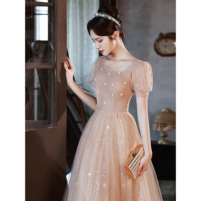 Women Elegant Square Neck Evening Dress French Lacing Up Tulle Prom Dresses Long Formal Vestidos De Fiesta