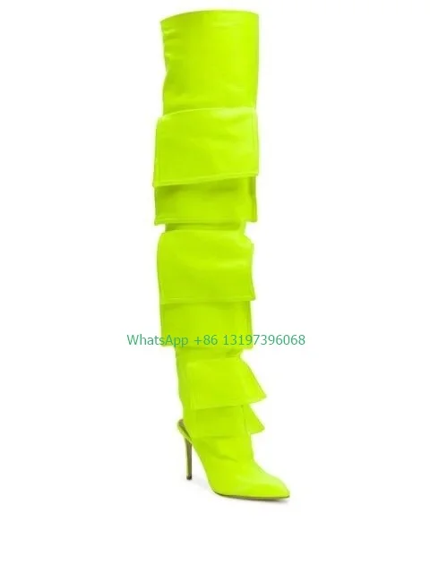 Lady yellow PU leather pocket design thigh boots solid T show blue sexy slingback high heels boots summer pointer toe boots 43