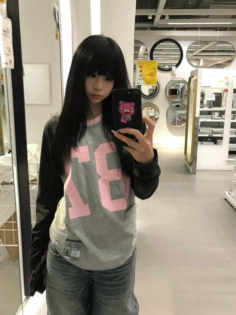 Loose Fit Long Sleeve T-Shirt Women's Cotton Print Casual Style Sweet Cool Base Layer Slimming Top American Contrast Color