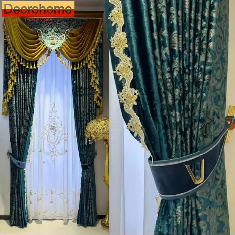 

High-end Dark Green Velvet Bronzing Jacquard Curtains for Living Room Bedroom Balcony Villa Home Decoration Customized Valanace