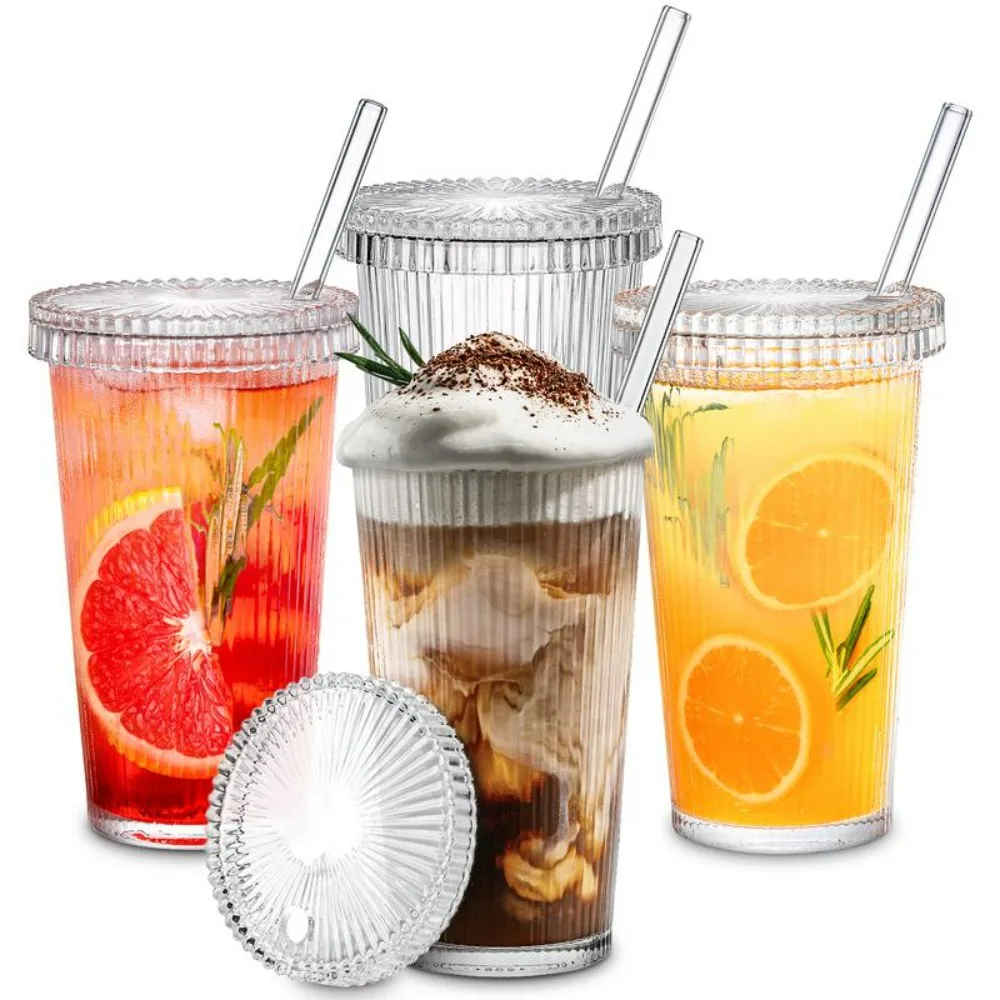 

12 oz Iced Coffee Cup for Coffee Bar Accessories,Ribbed Glasses Drinking Set of 4,Glass Tumbler with Straw and Lid for Home Deco