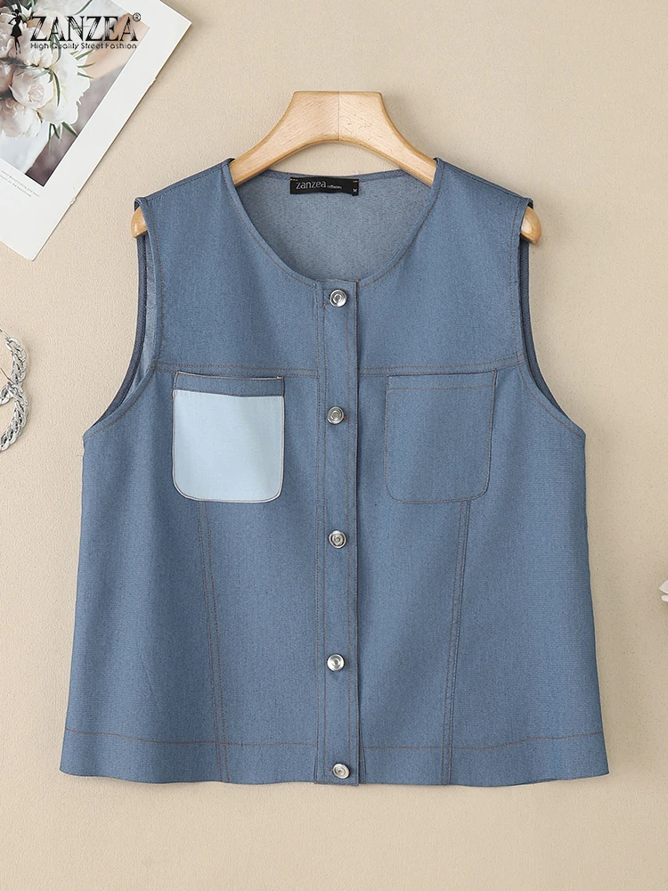 

Summer Autumn Vests Tops ZANZEA Stylish Women BlouseVintage O Neck Sleeveless Shirt Patchwork Tanks Casual Buttons Up Shirts