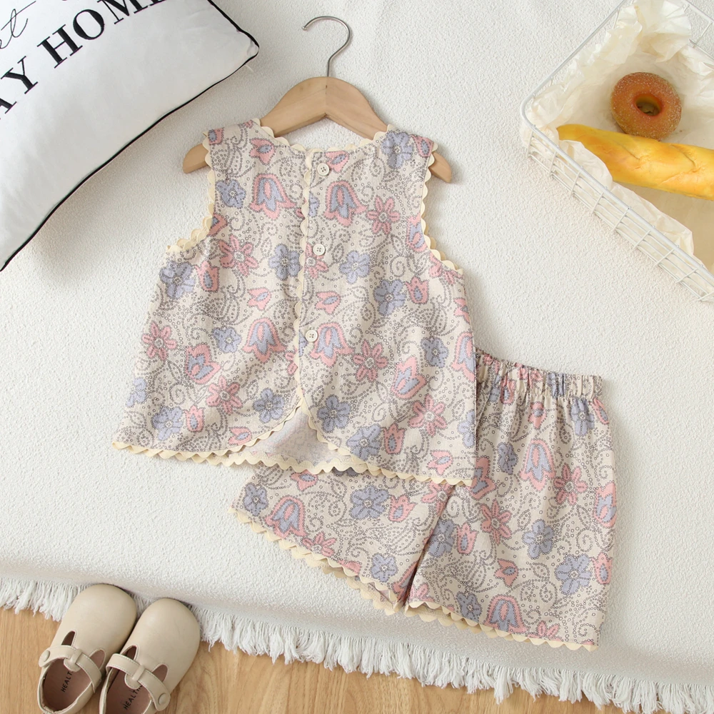 Girls Clothing Sets Summer Flower-print Lace Vest + Shorts 2pcs Kids Clothes Suit 2pcs Outfits