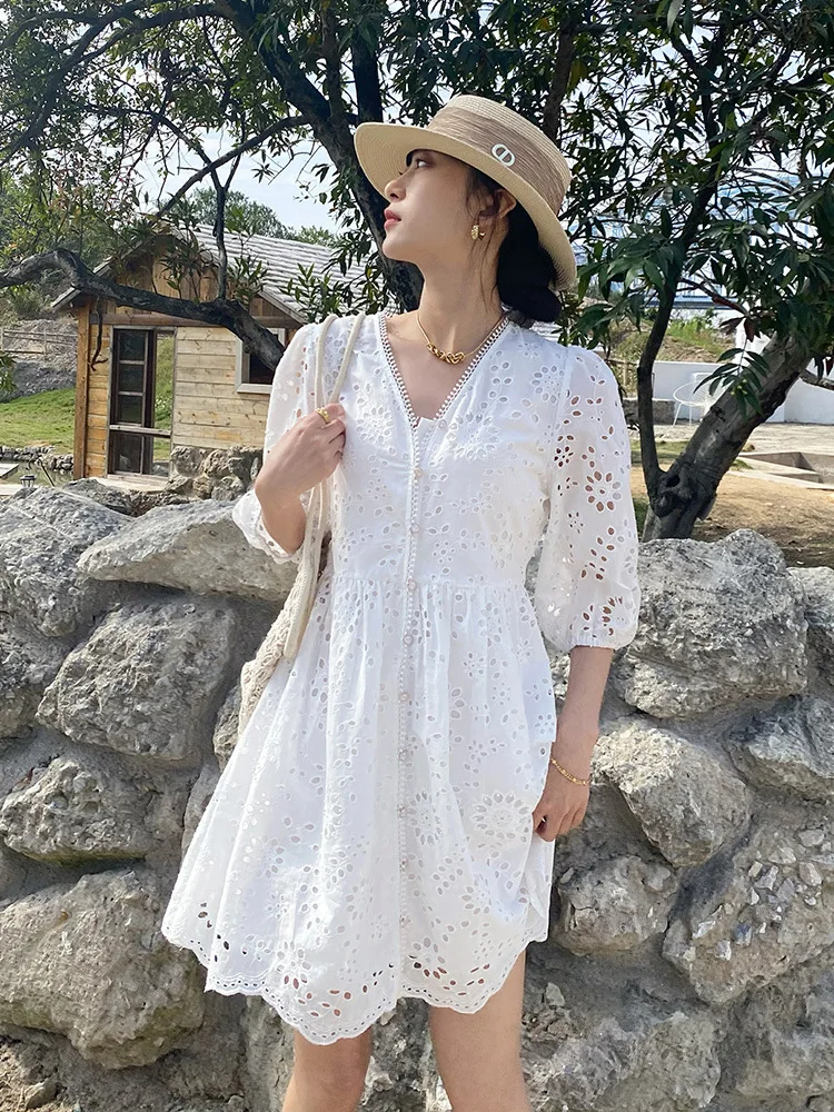 GypsyLady White Elegant Chic Mini Dresss Cotton Lace Hollow Out Embroidery Ruffles Women Ladies Vocation Dresses Vestidos New