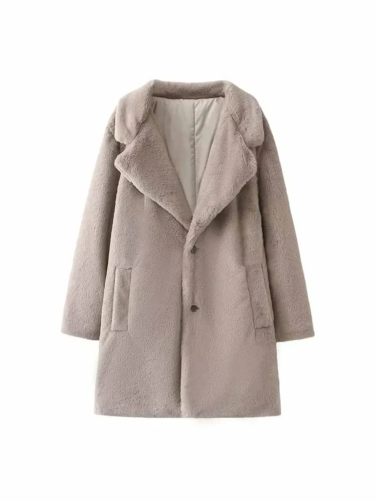 Women's new fashion faux fur effect loose single breasted long style warm coat retro long sleeved Pocket women's coat chic top