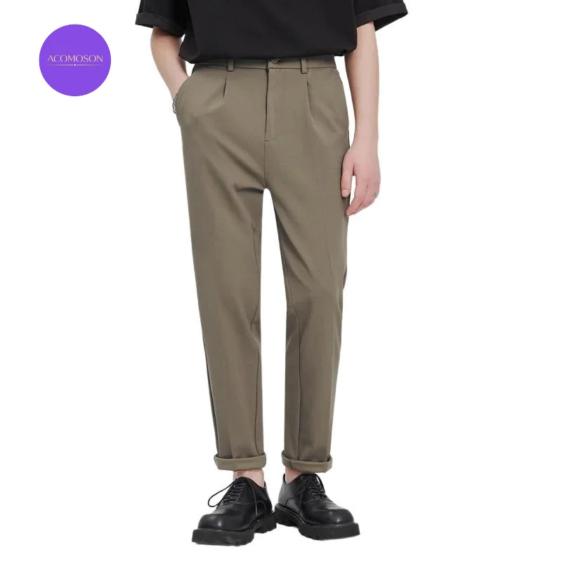 ACOMOSON Top Quality EU US Size Luxrury Men Clothing Business Slim Fit Ankle Dress Pants Anti-Wrinkle Straight-Leg Casual Pants