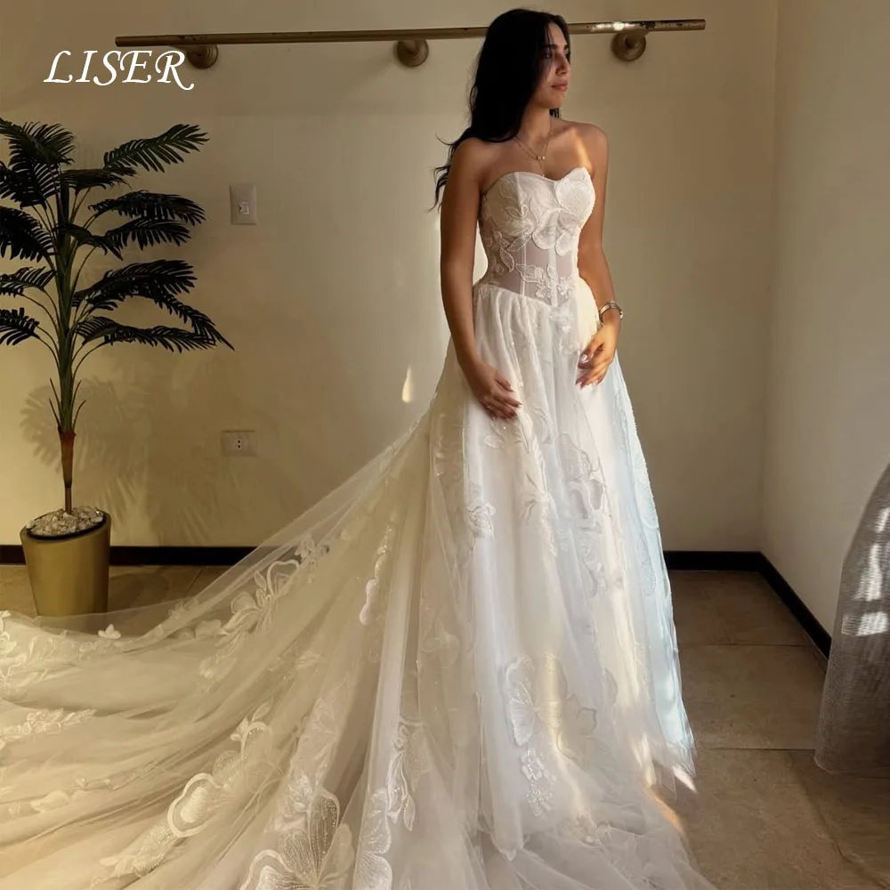 Liser Sweetheart A-Line Elegant Wedding Dresses Silk Lace Customized Modern Luxury Bridal Gowns Long Tail robe de mariée