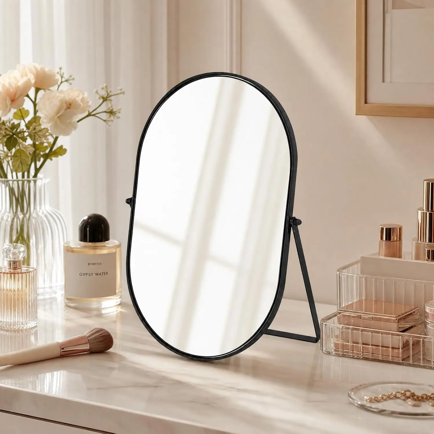 

Vanity Desk Table Mirror Oval Makeup Mirror 90°Adjustable Rotation Black Metal Framed Standing Mirrors Room Decor for Living Roo