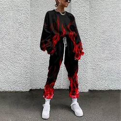 Spring Casual Red Fire Print Pullover Sweatshirt Sweatpants Women's Tracksuits Sports Pants Suit Harajuku Clothes