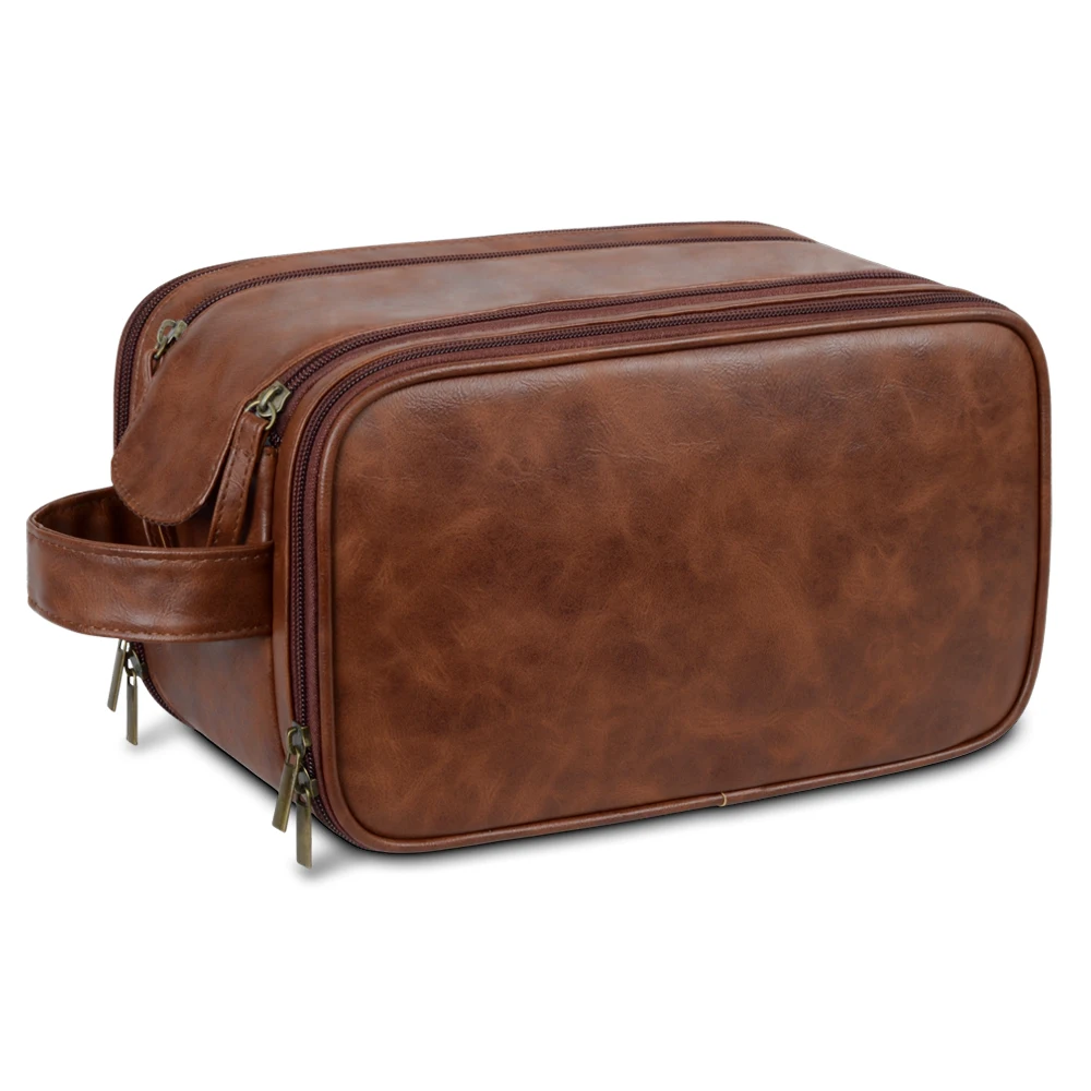 

Custom Logo Business Portable Men'S Leather Toiletry Bag Travel Dopp Kit Mens Hanging Hygiene Makeup Bag For Men Women