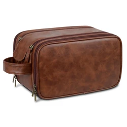 Custom Logo Business Portable Men'S Leather Toiletry Bag Travel Dopp Kit Mens Hanging Hygiene Makeup Bag For Men Women