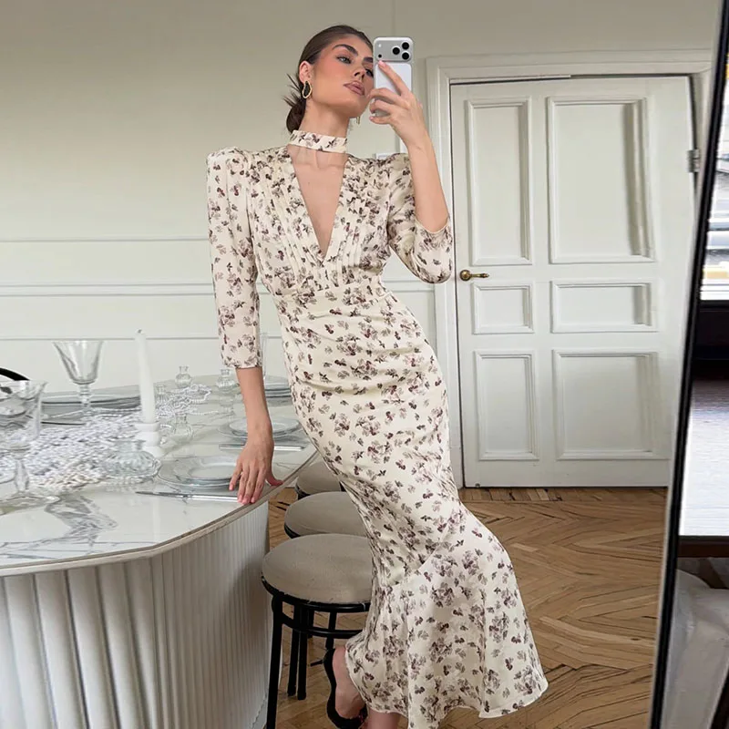 Organza Floral Printed Maxi Dress V-Neck  Puff Sleeve 2026 Spring/Summer Romantic Women Party Gown Fashion Elegant Lady Vestidos