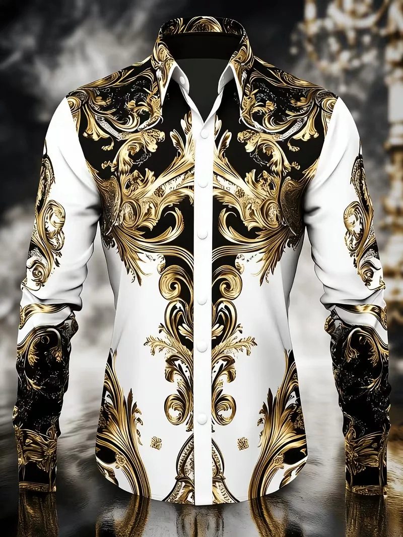 Men's Luxury Black and White Gold Baroque Printed Satin Shirt Slim Fit Long Sleeved Lapel Button Up Party Men's Dress Shirt