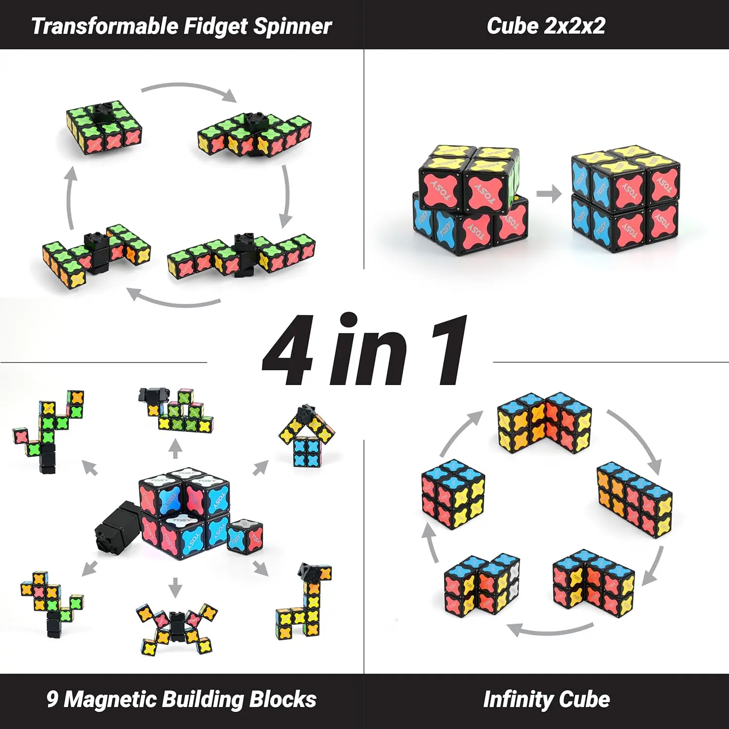 Magnetic Fidget Spinner Toy: Transformable 8-Block Set for Stress Relief, STEM Learning, and Gift Ideas