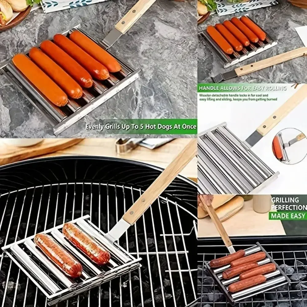 BBQ Sausage Grill Roller Barbecue Picnic Camping Grill Hot Dog Grills Stainless Steel Sausage Roller Hot Dog Grill