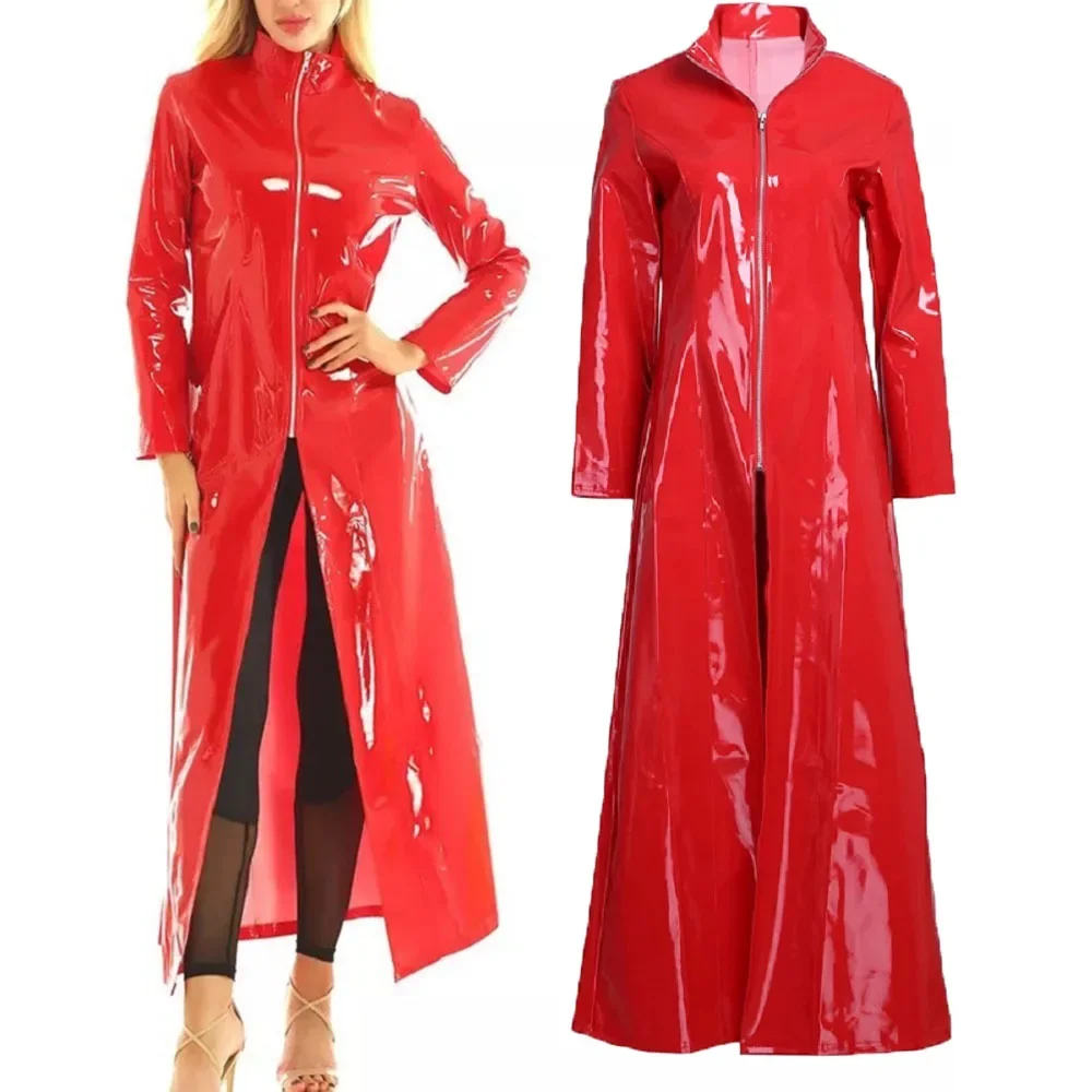 

Women's Fashion PVC Leather Coat Long Jacket Windbreaker Leather Trench Coat Retro Motorcycle Overcoat Streetwear Womens Outfit