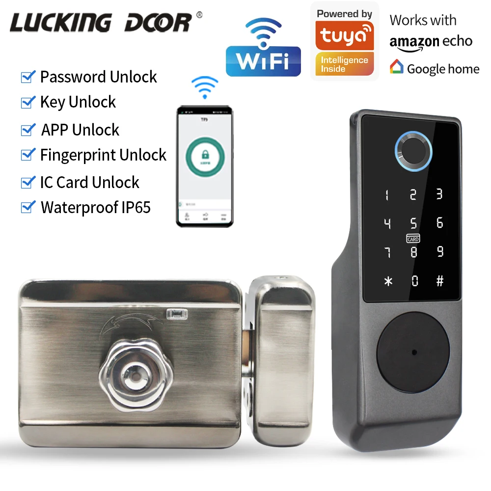 Waterproof Tuya Smart Built in Wifi Fingerprint Motor Rim Lock IC Card Code Intelligent Door Lock Work for Google Alexa Echo