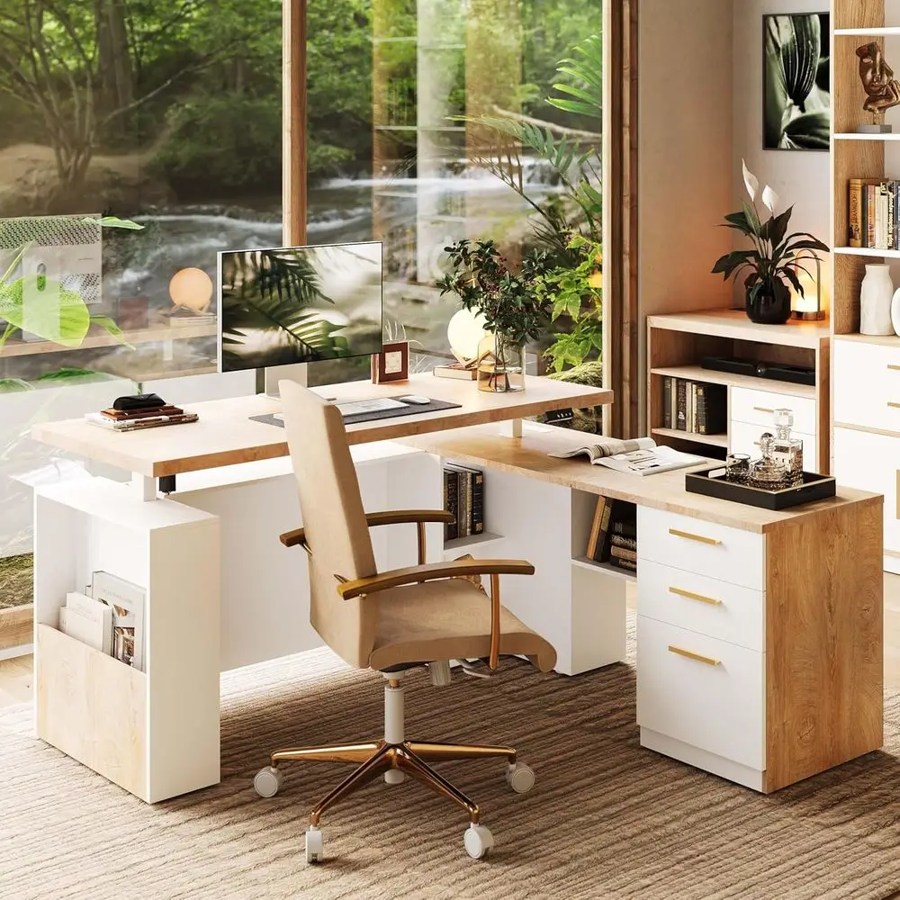 

63 L-Shaped Electric Standing Desk with Side Cabinet, Privacy Panel, AC/USB Ports, 1.18 Thick Top, Light Walnut Finish