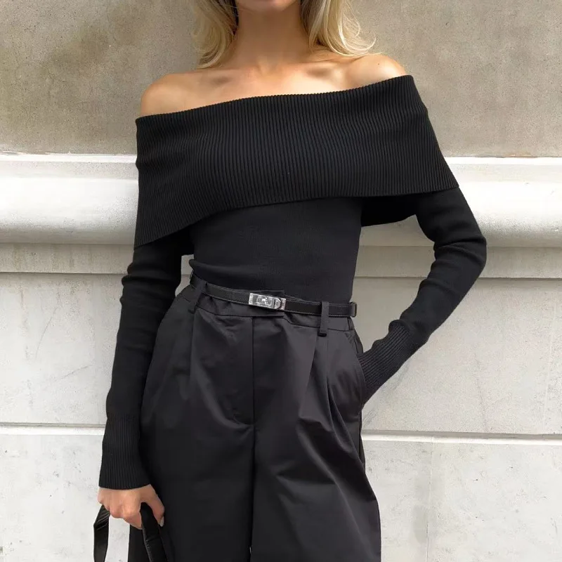 

FW25 Women's Soft Slim-Fit Off-the-Shoulder Pullover Knit Top, Stylish Design & Edgy Vibe for 25-35 Ladies