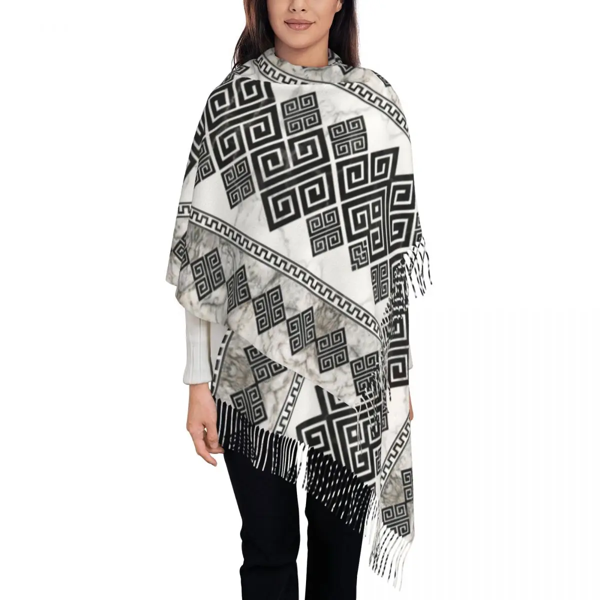 

Greek Key Meander Scarf Wrap Women Long Winter Fall Warm Tassel Shawl Unisex Black and White Marble Scarves