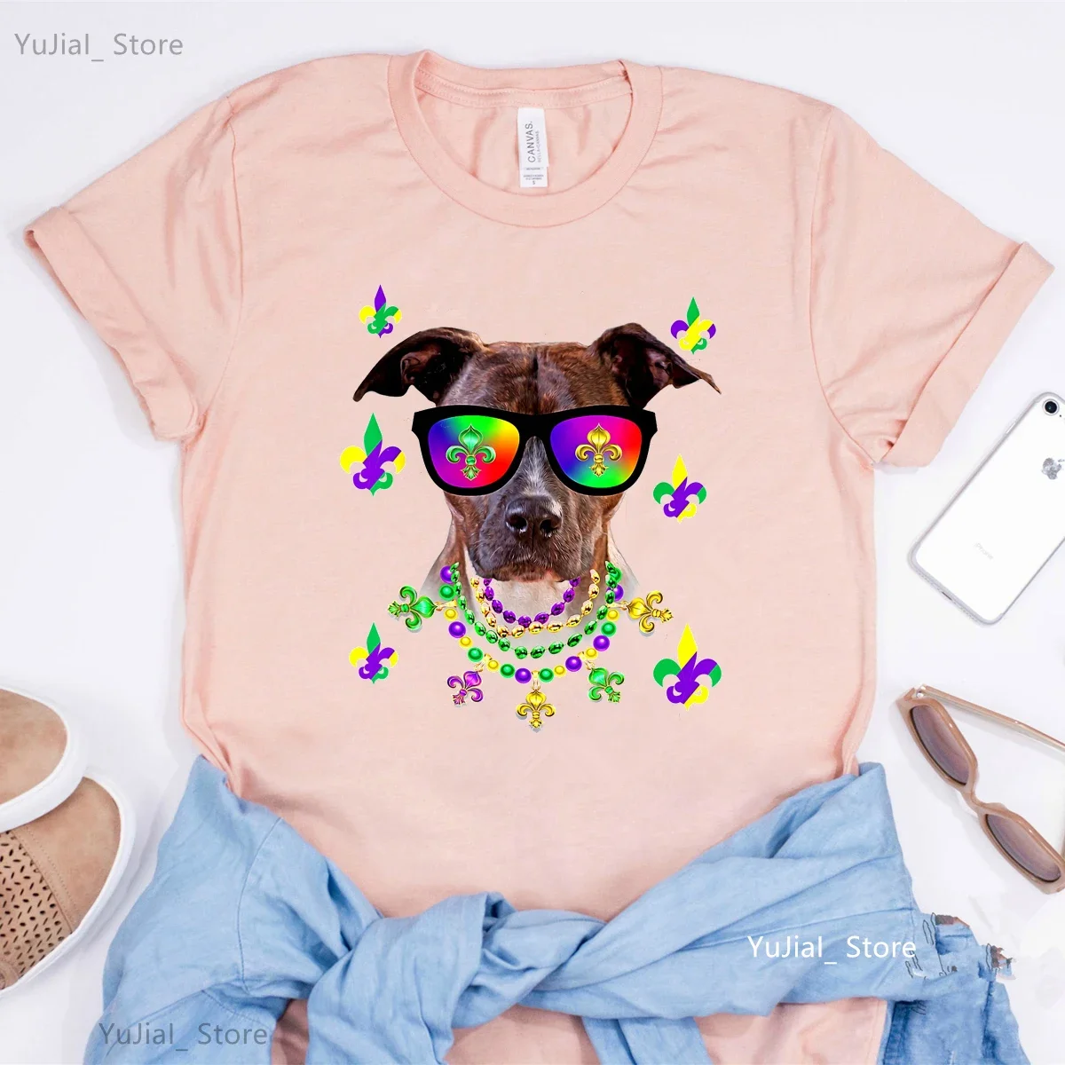 Pitbull Mardi Gras Pit Bull Dog Animal Print T Shirt Girls Terrier/Corgi Tshirt Women'S Clothing Summer Tops Tee Shirt Femme