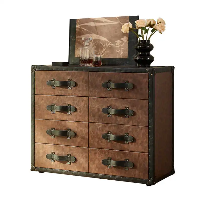 

French medieval style bedroom chest cabinet American retro leather case storage oil wax leather drawer cabinet storage
