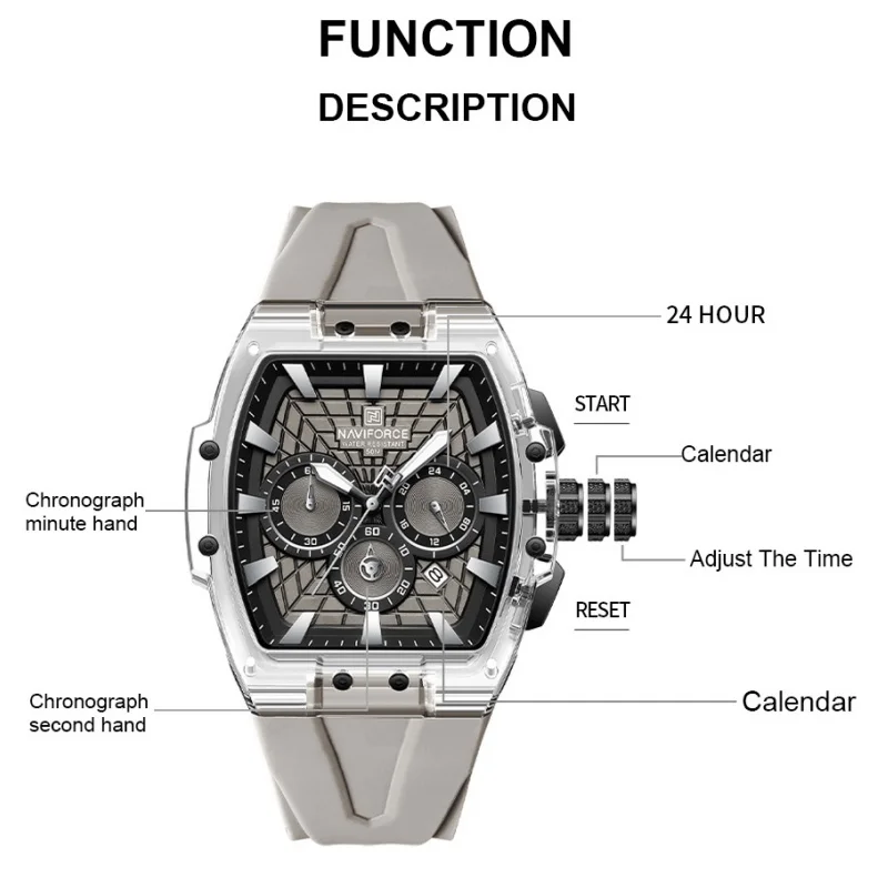 NAVIFORCE Men's 5ATM Waterproof Multifunctional Chronograph Watch Luminous Hands Calendar Running Seconds Silicone Strap NF6113