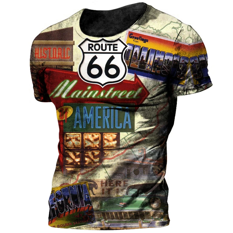 American Retro Men\'s T-shirts 3d Route 66 Print Short Sleeve Tops Modern Girl T Shirt For Mens Motorcycle T-shirts Oversized Tee