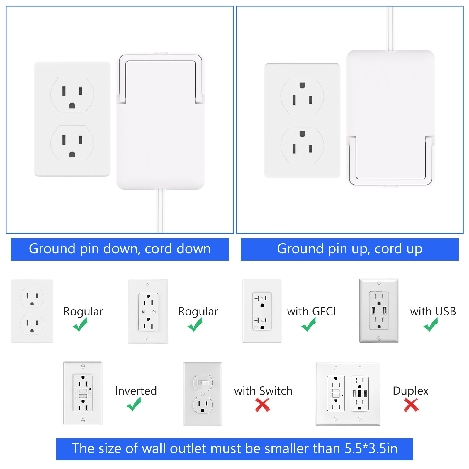 Flat Power Outlet expander Slim wall gauge plug with 3/5 foot cable, power strip with 3 AC outlets, white, suitable for home use