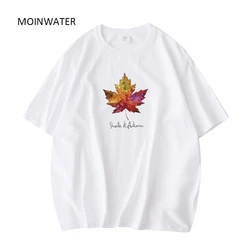 MOINWATER Women New White Summer T shirts Female Soft Cotton Classic Printed Tees Lady Beige Short Sleeve Tops Clothes MT22034