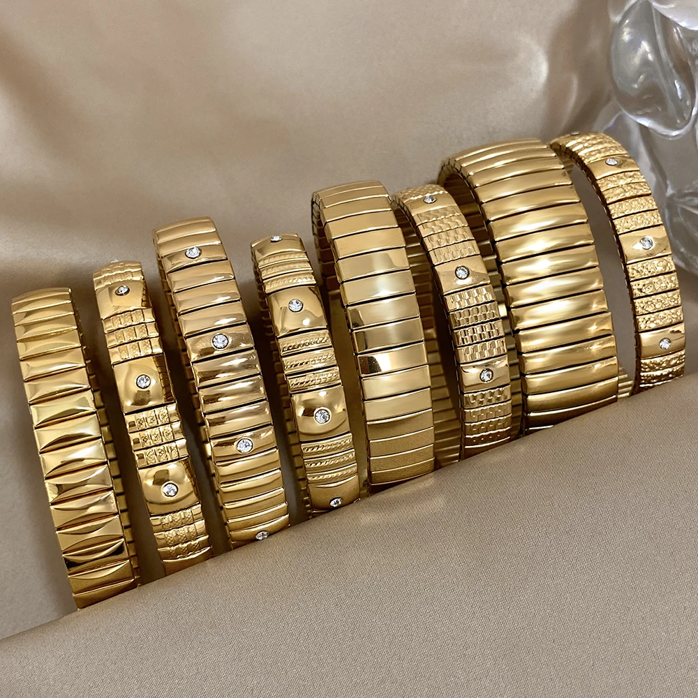 Chunky pozłacane elastyczne bransoletki ze stali nierdzewnej bransoletki dla kobiet mężczyzn Rhinestone Watchband regulowana wodoodporna biżuteria