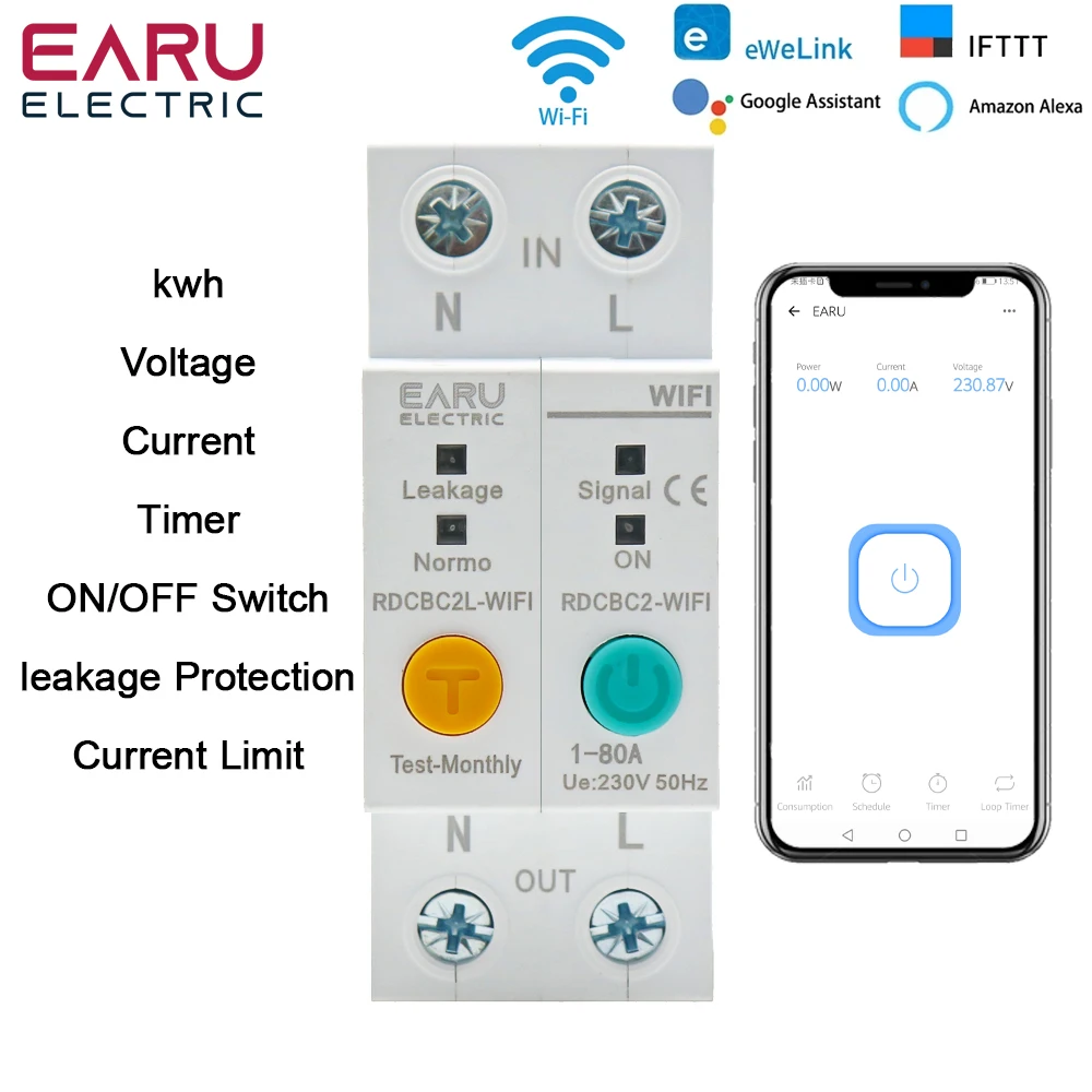 WIFI eWelink Smart 2P 63A Switch Energy Meter kWh Metering Monitoring Circuit Breaker Timer Relay for Smart Home MCB RCBO